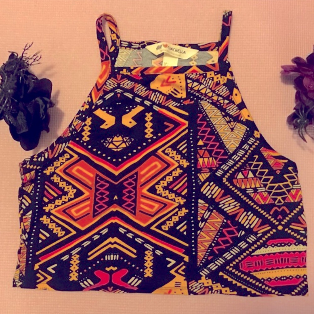 Coachella tribal print summer crop top tank top boho orange red yellow black L